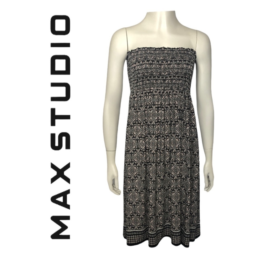 Max Studio Strapless Black Floral Print Midi Dress